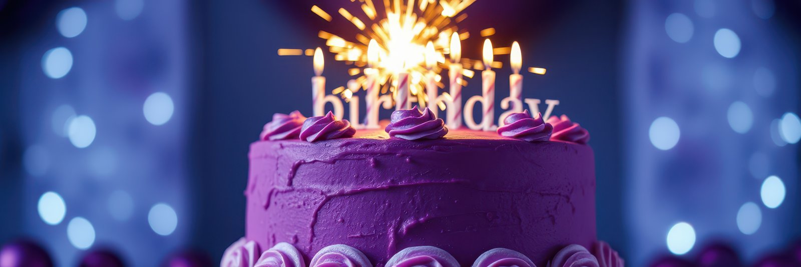 Vibrant birthday cake with candles and sparkler at a festive celebration setting in the evening